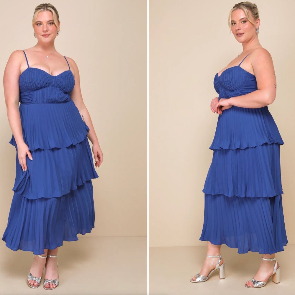 Lulus Cascading Crush Cobalt Blue Tiered Bustier Midi Dress - Size S